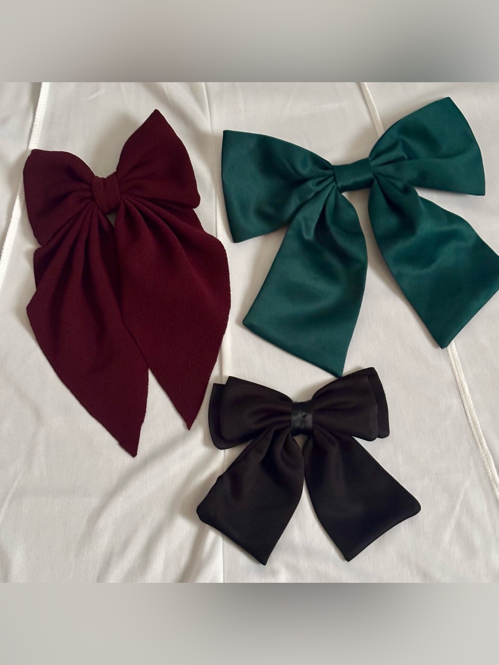 Set of Three Fabric Hair Bows - Burgundy, Emerald, Black.